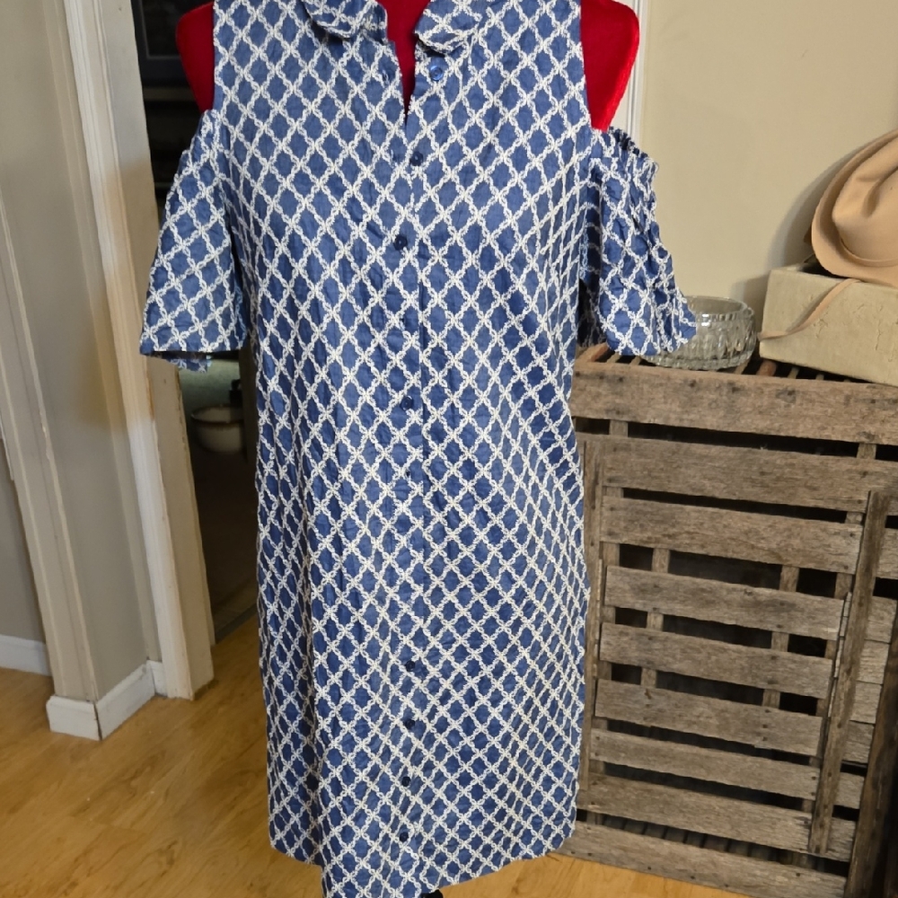 Trina Turk Navy and White Geometric Midi Dress